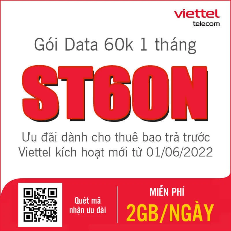 Gói ST60N Viettel miễn phí 2GB 1 ngày giá rẻ chỉ 60k 1 tháng