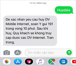 Tin nhắn xác nhận hủy DV Mobile Internet Viettel
