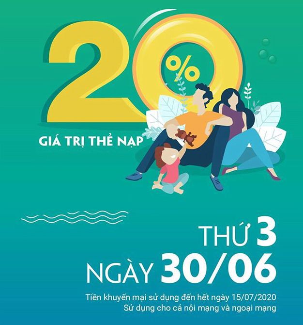 Ngày 30/06/2020, Viettel khuyến mãi 20% giá trị thẻ nạp
