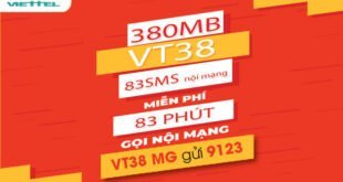 Gói VT38 Viettel miễn phí 830MB & 83 phút gọi nội mạng/tháng
