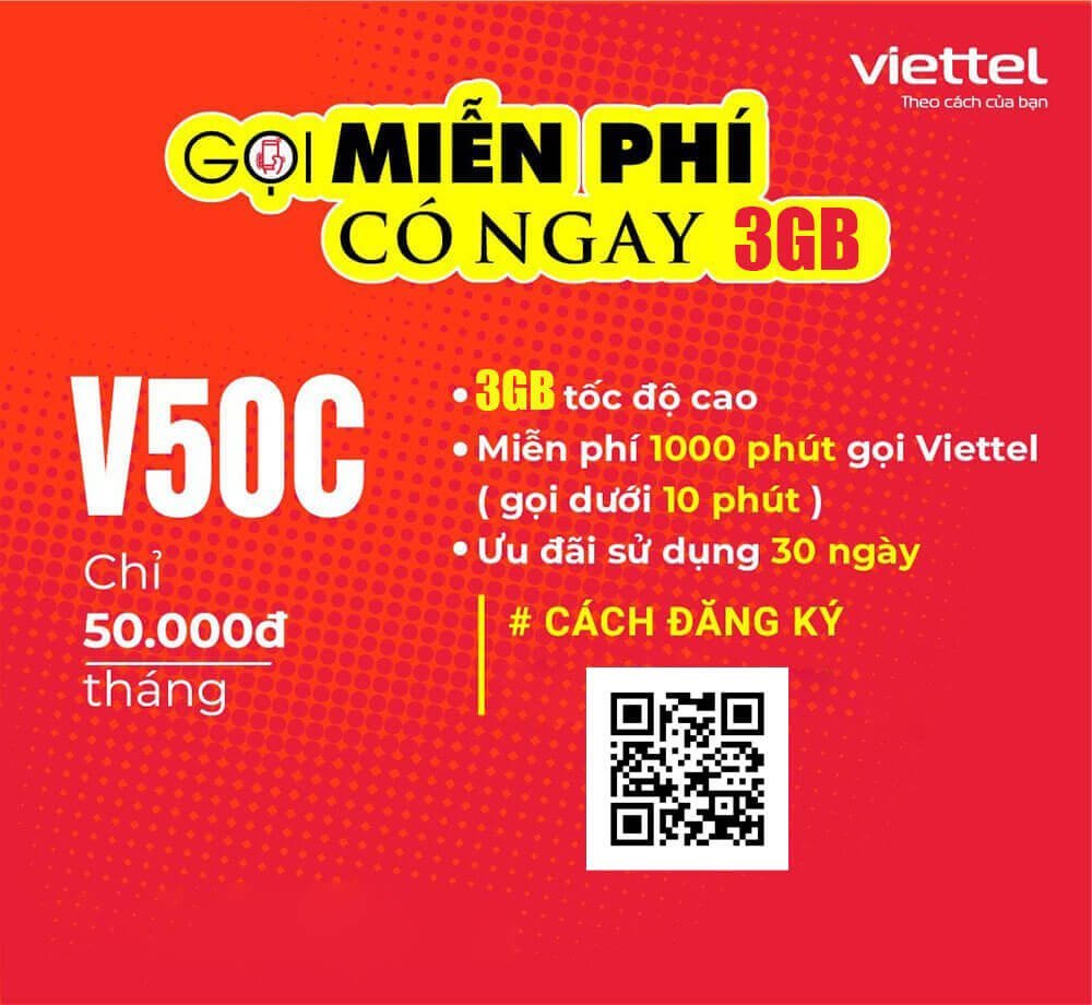Đăng ký gói V50C Viettel có ngay 3GB, gọi nội mạng dưới 10 phút