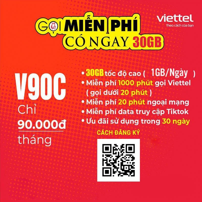 Đăng ký gói V90C Viettel có ngay 30GB, gọi nội mạng dưới 20 phút