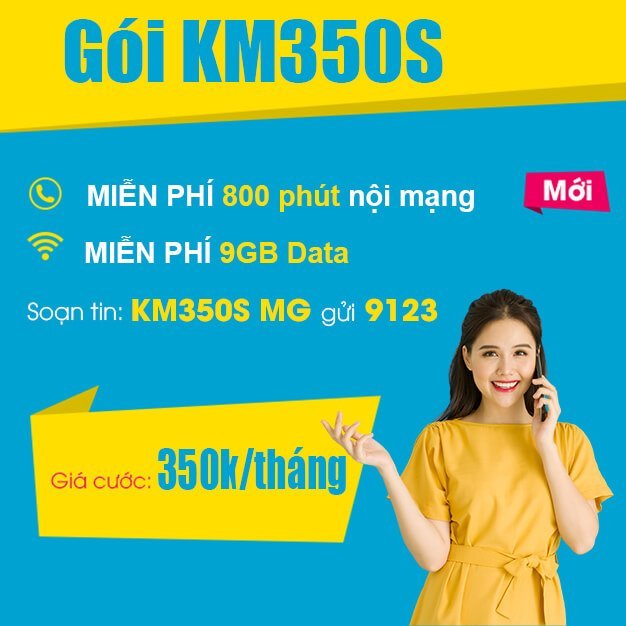 Gói KM350S Viettel miễn phí 800 phút nội mạng, 9GB, 200SMS