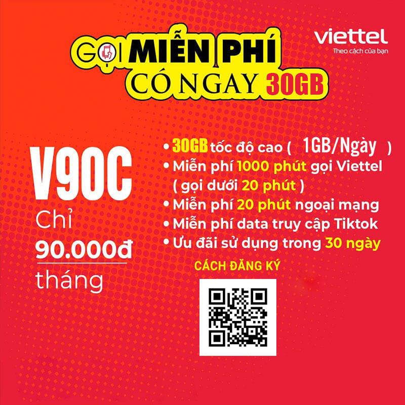 Đăng ký gói V90C Viettel có ngay 30GB, gọi nội mạng dưới 20 phút