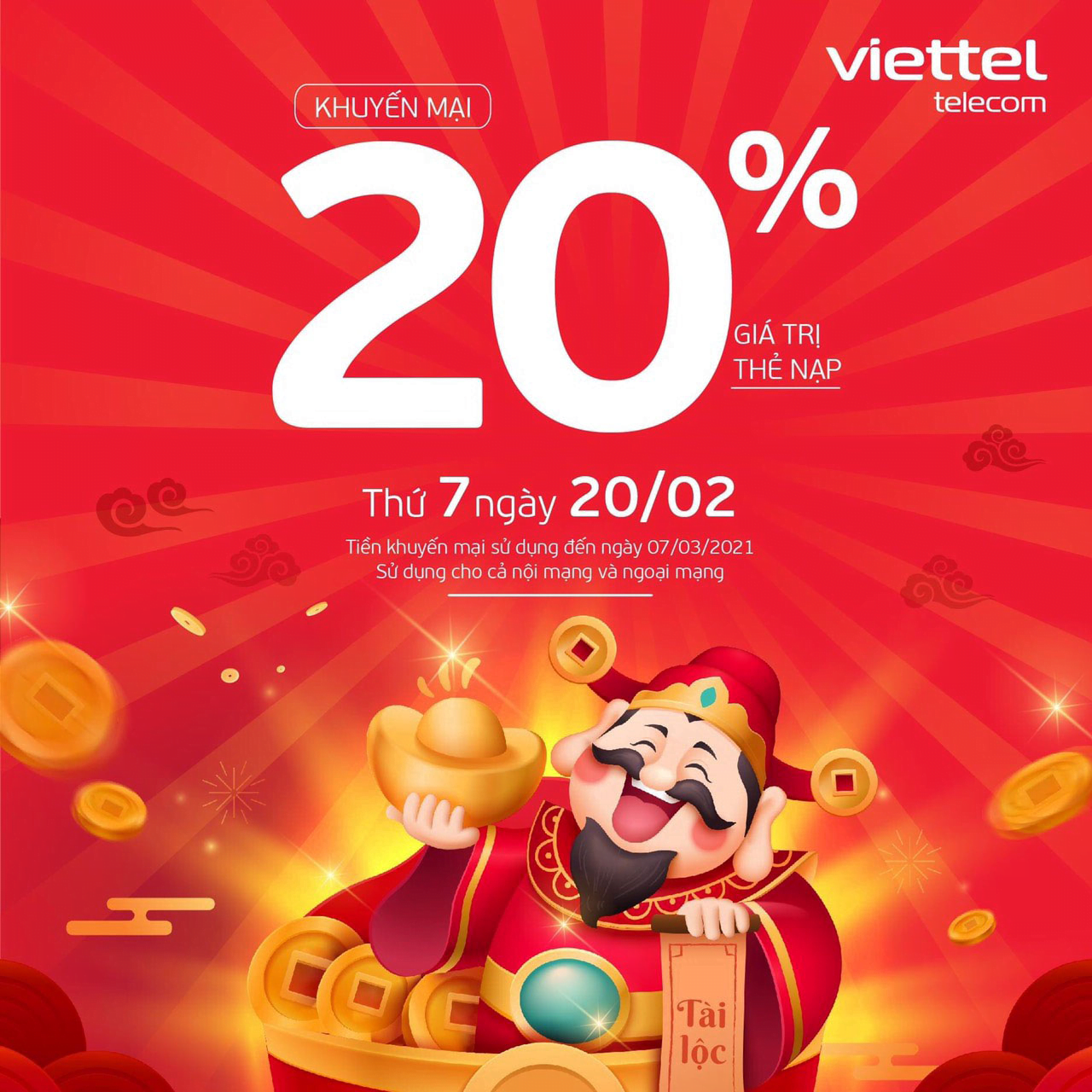 Ngày 20/02/2021, Viettel tặng 20% giá trị thẻ nạp trên toàn quốc