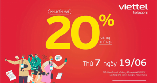 Ngày 19/06/2021, Viettel tặng 20% giá trị thẻ nạp trên toàn quốc