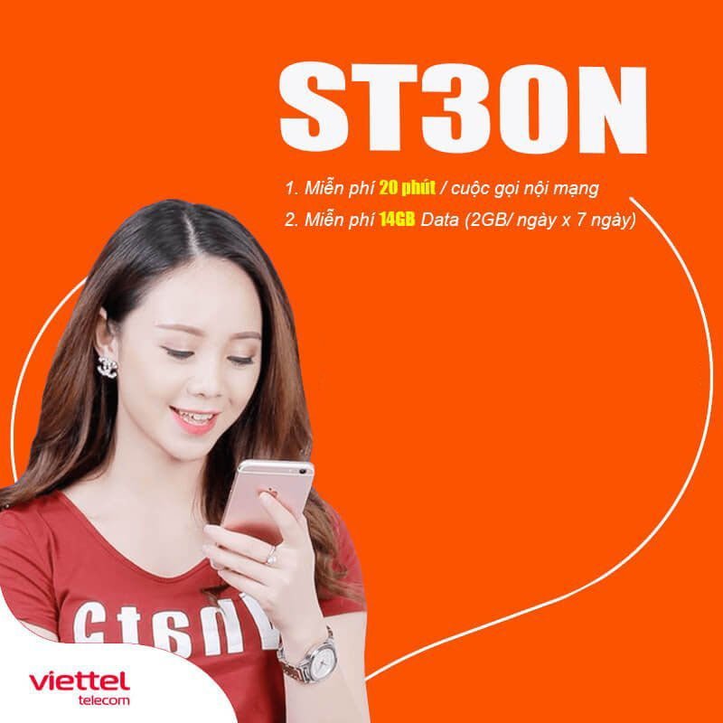 Đăng ký gói ST30N Viettel có 14GB, Gọi nội mạng miễn phí chỉ 30k/7 ngày