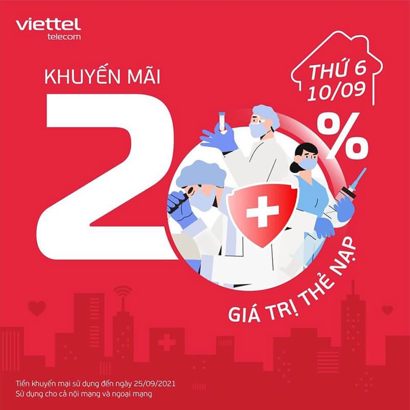 Ngày 10/09/2021, Viettel khuyến mại 20% tất cả các mệnh giá thẻ nạp