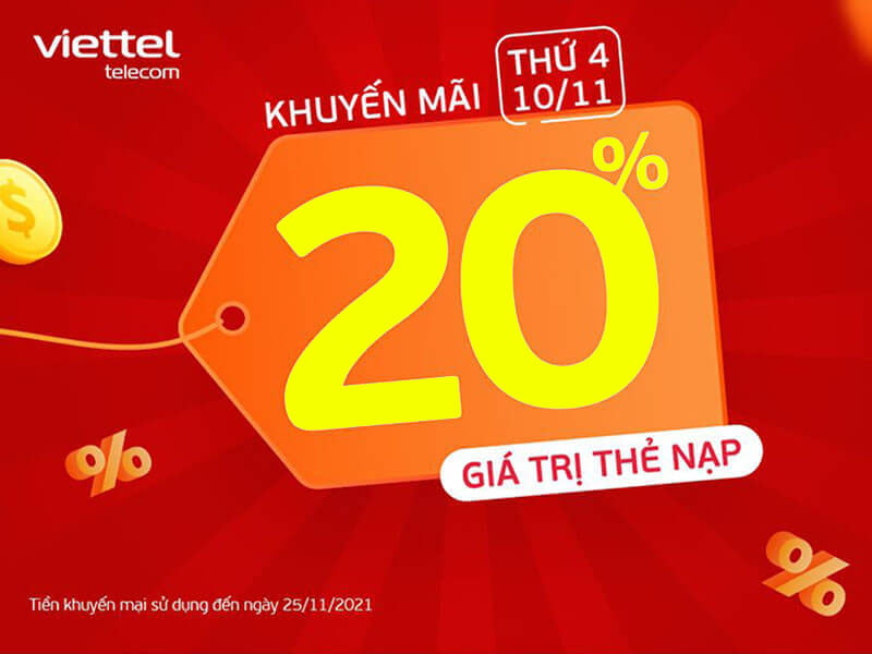 Ngày 10/11/2021, Viettel khuyến mại 20% tất cả các mệnh giá thẻ nạp