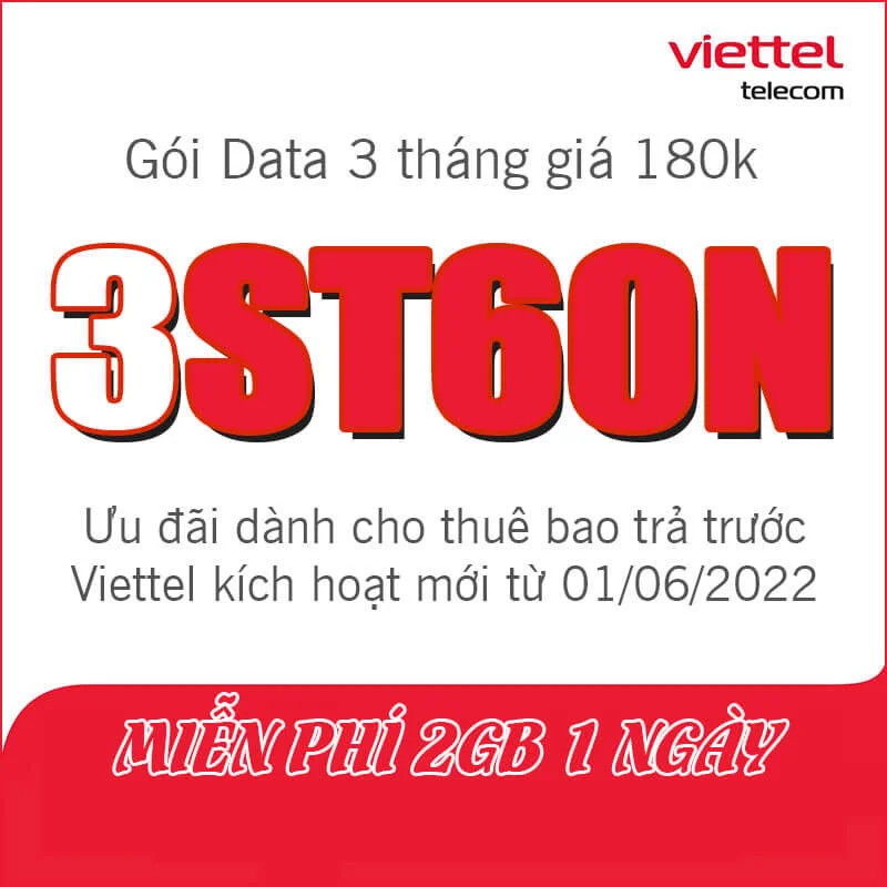 Gói 3ST60N Viettel miễn phí 2GB 1 ngày giá rẻ chỉ 180k 3 tháng