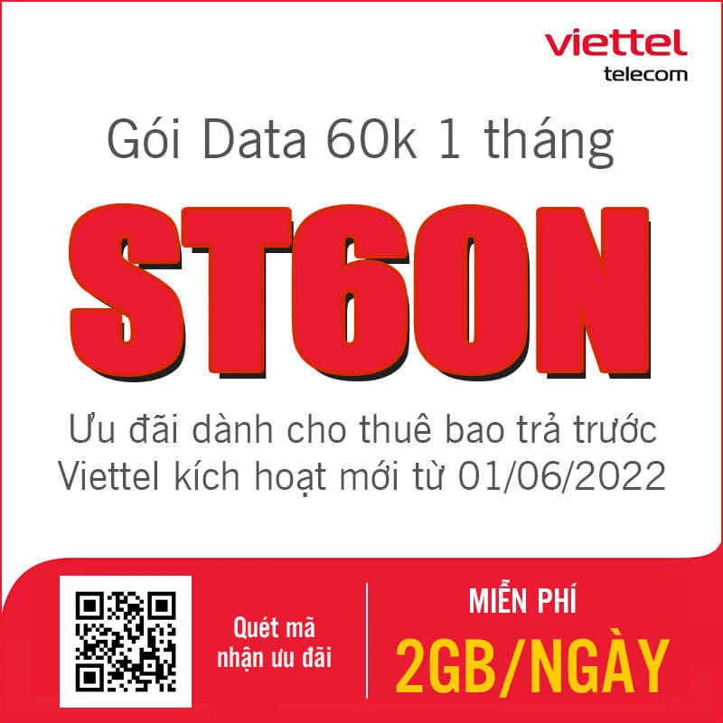 Gói ST60N Viettel miễn phí 2GB 1 ngày giá rẻ chỉ 60k 1 tháng