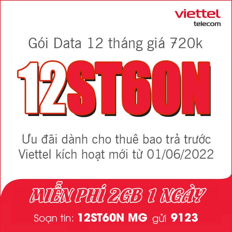 Gói 12ST60N Viettel miễn phí 2GB 1 ngày giá rẻ chỉ 720k 1 năm