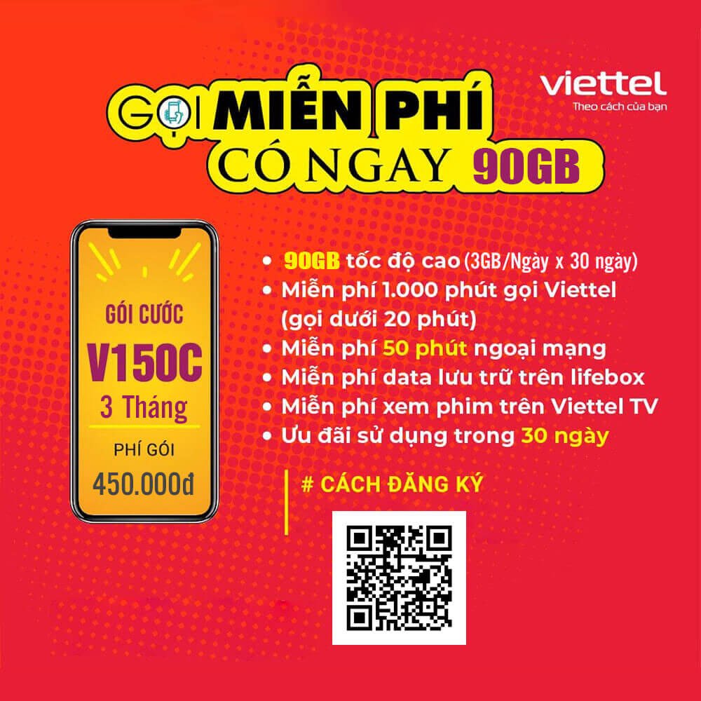 Gói 3V150C Viettel miễn phí 3GB/Ngày, gọi nội mạng dưới 20 phút giá 450k