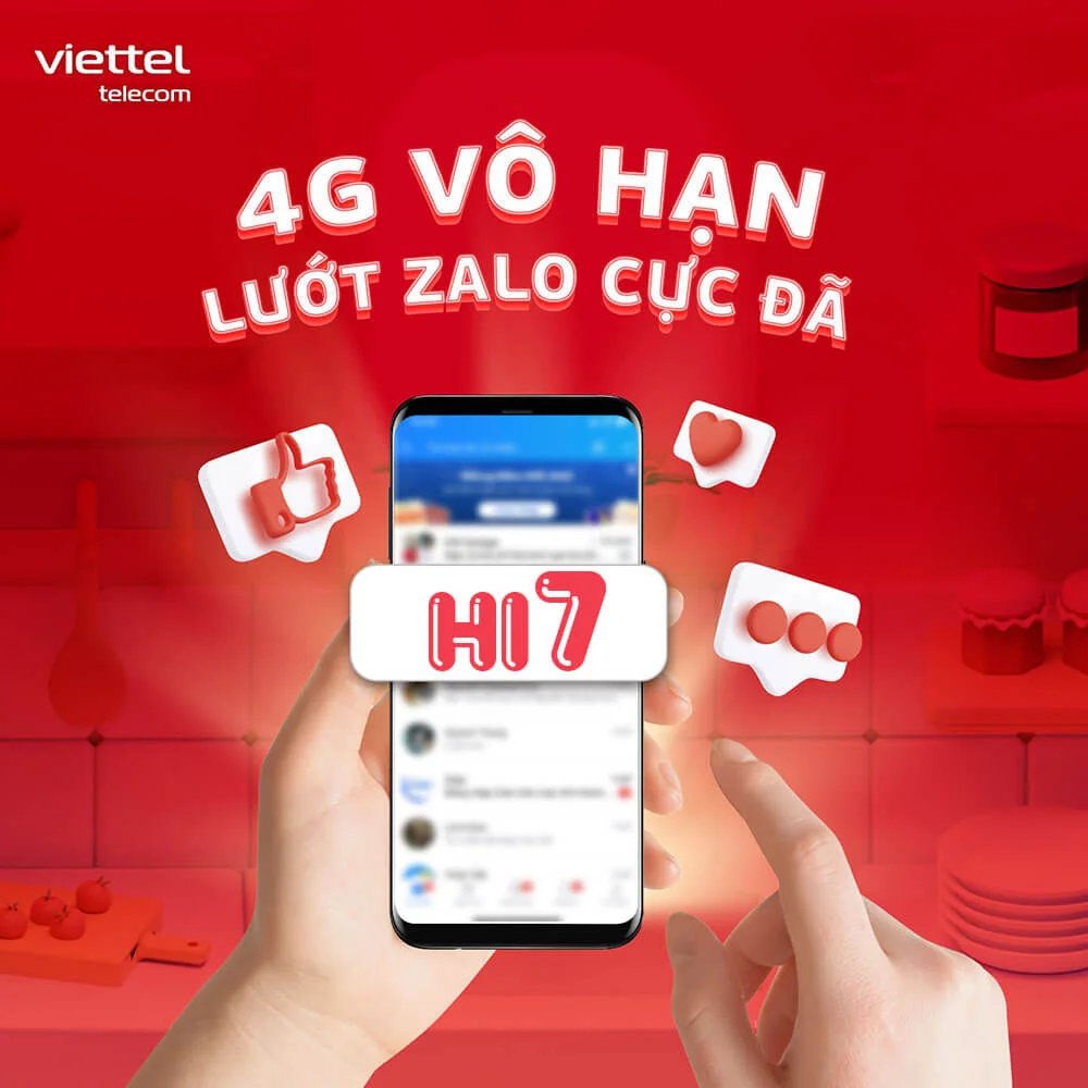 Gói HI7 Viettel miễn phí 100% Data Zalo, Whatsapp, Viber, Mocha 1 tuần