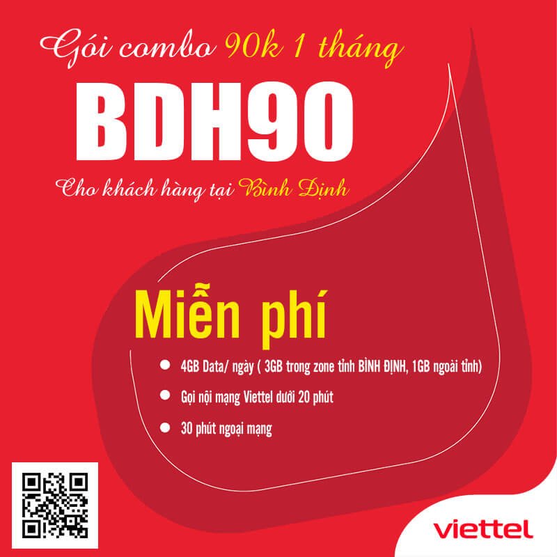 Gói BDH90 Viettel Miễn phí 4GB/ngày giá 90k 1 tháng cho KH Bình Định