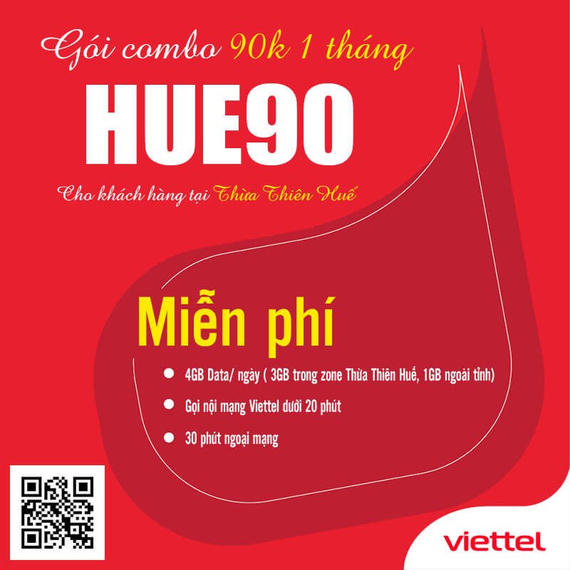 Gói HUE90 Viettel Miễn phí 4GB/ngày giá 90k 1 tháng cho KH Huế