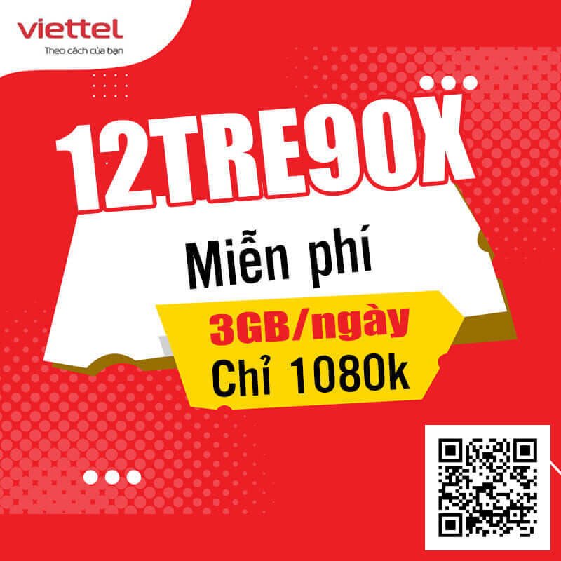 Gói 12TRE90X Viettel miễn phí 1080GB giá rẻ 1.080.000đ 12 tháng