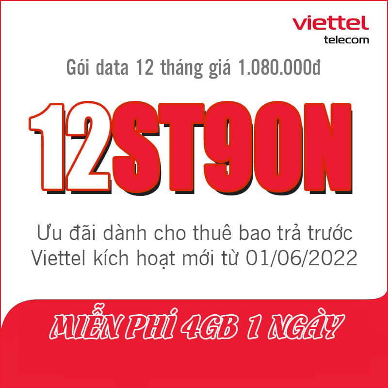 Gói 12ST90N Viettel miễn phí 4GB 1 ngày giá rẻ chỉ 1080k 1 năm