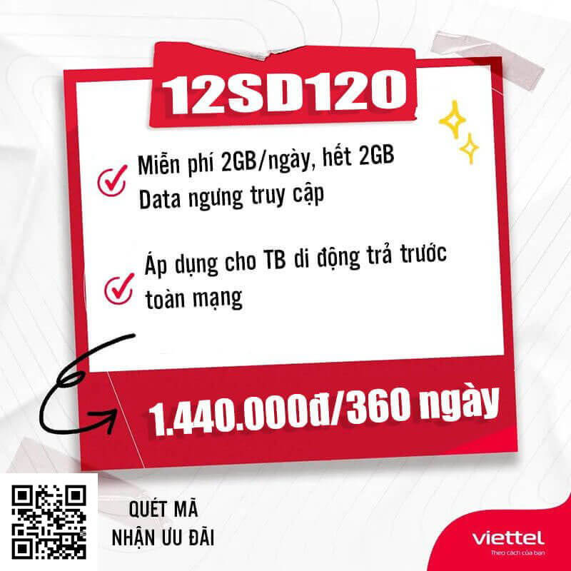 Gói 12SD120 Viettel miễn phí 2GB 1 ngày giá rẻ chỉ 1.440k 12 tháng