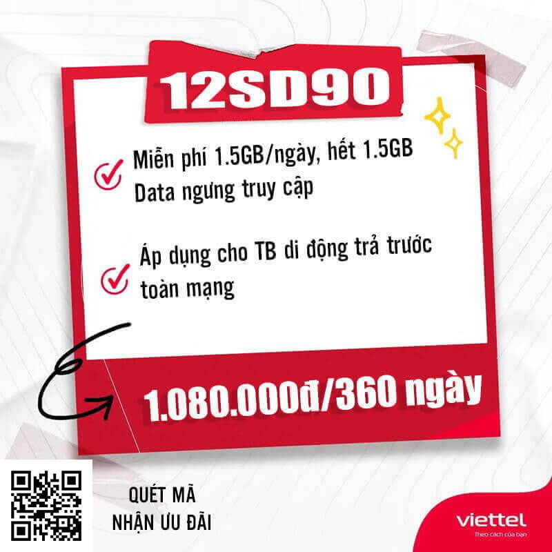 Gói 12SD90 Viettel miễn phí 1.5GB 1 ngày giá rẻ chỉ 1080k 12 tháng