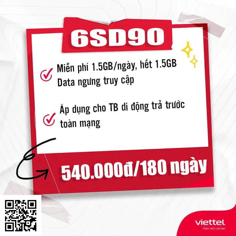 Gói 6SD90 Viettel miễn phí 1.5GB 1 ngày giá rẻ chỉ 540k 6 tháng