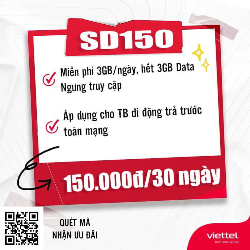Gói SD150 Viettel miễn phí 3GB/ngày giá rẻ chỉ 150k 1 tháng
