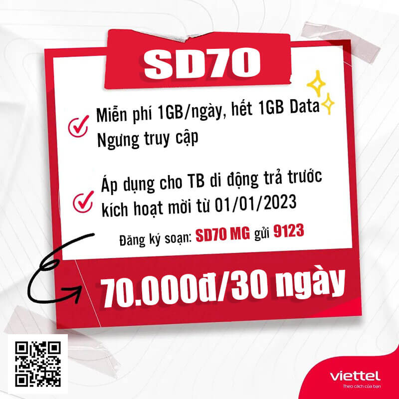 Gói SD70 Viettel miễn phí 1GB/ngày giá rẻ chỉ 70k 1 tháng