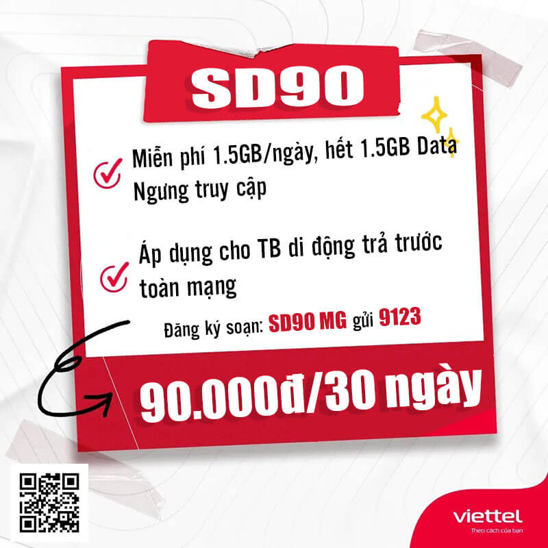 Gói SD90 Viettel miễn phí 1.5GB/ngày giá chỉ 90k 1 tháng
