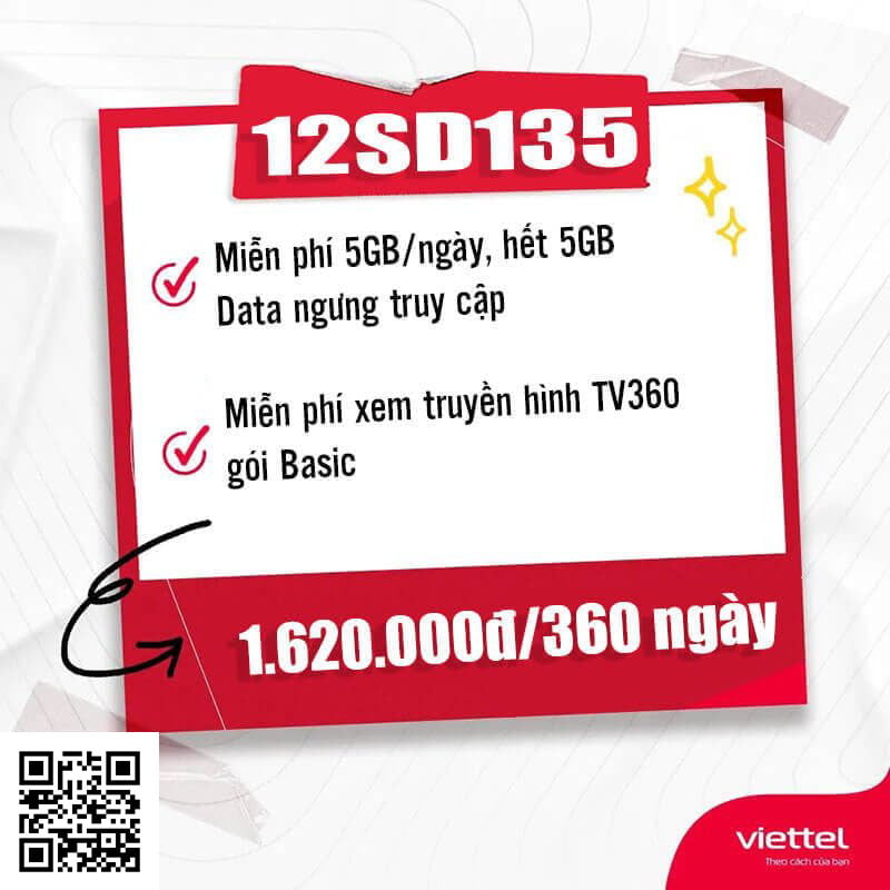 Gói 12SD135 Viettel miễn phí 5GB/ngày giá rẻ chỉ 1620k 12 tháng