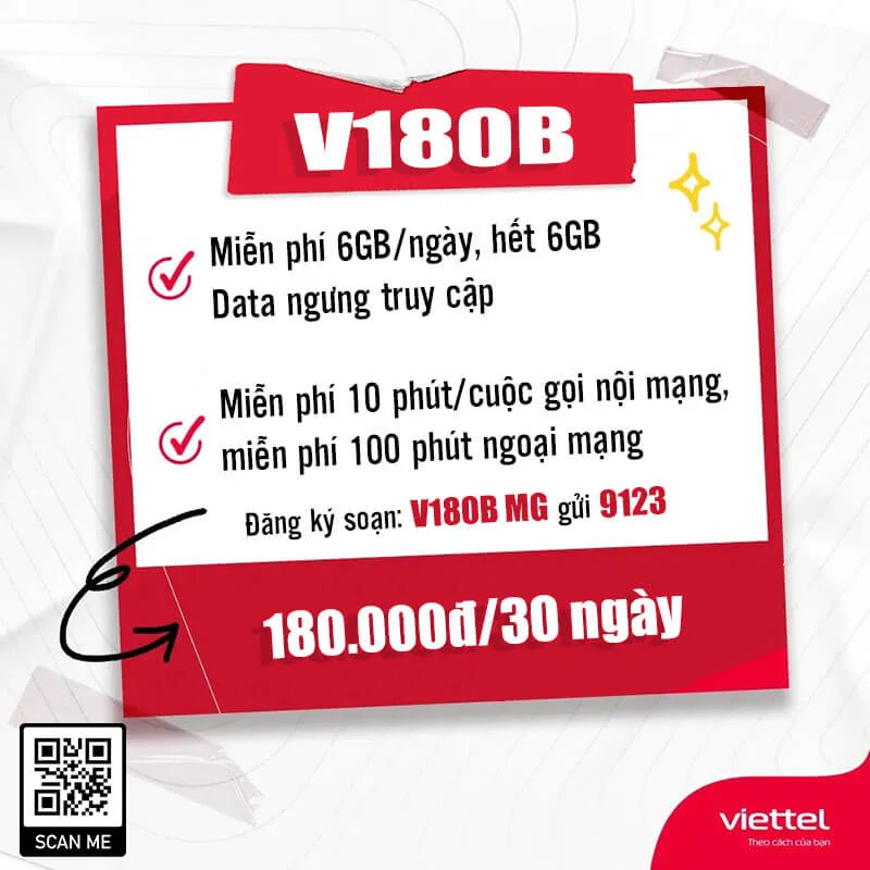 Gói V180B Viettel miễn phí 6GB/ngày & Gọi nội mạng miễn phí giá 180k