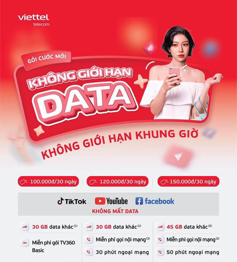 3 gói mạng xã hội Viettel, miễn phí Data Tiktok, Facebook, Youtube