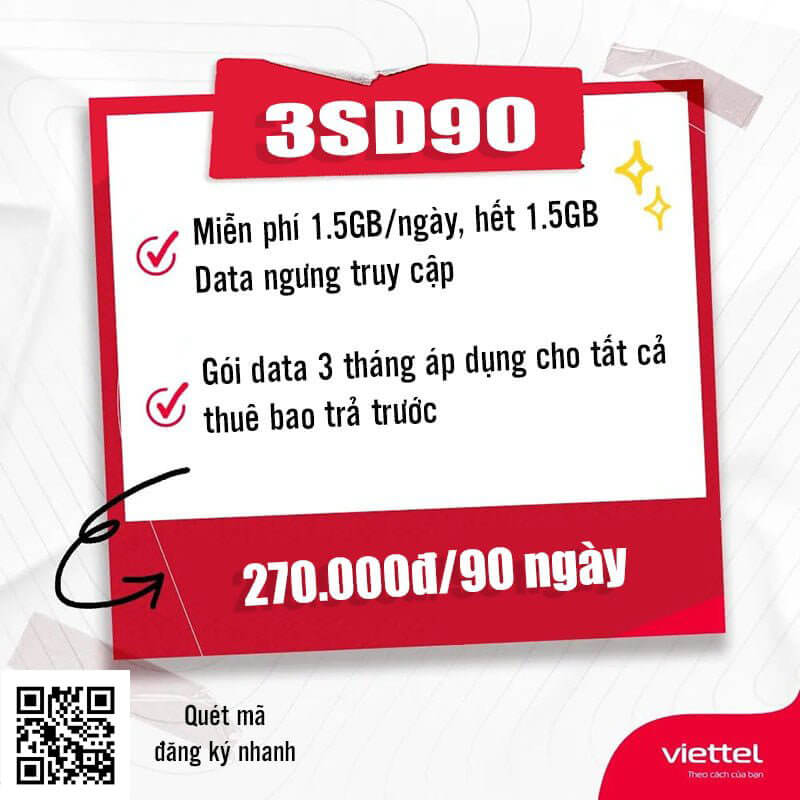 Gói 3SD90 Viettel miễn phí 1.5GB 1 ngày giá rẻ chỉ 270k 3 tháng