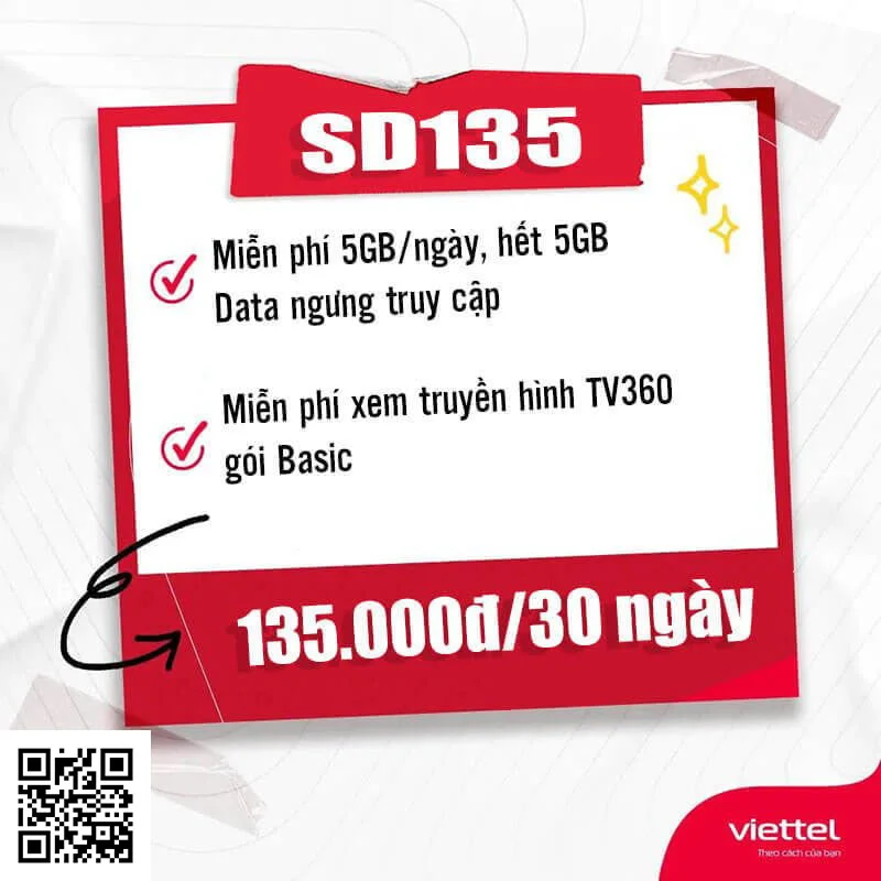 Gói SD135 Viettel miễn phí 5GB/ngày giá rẻ chỉ 135k 1 tháng