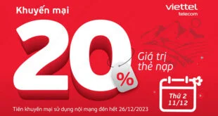 Ngày 11/12/2023, Viettel khuyến mãi tặng 20% giá trị thẻ nạp